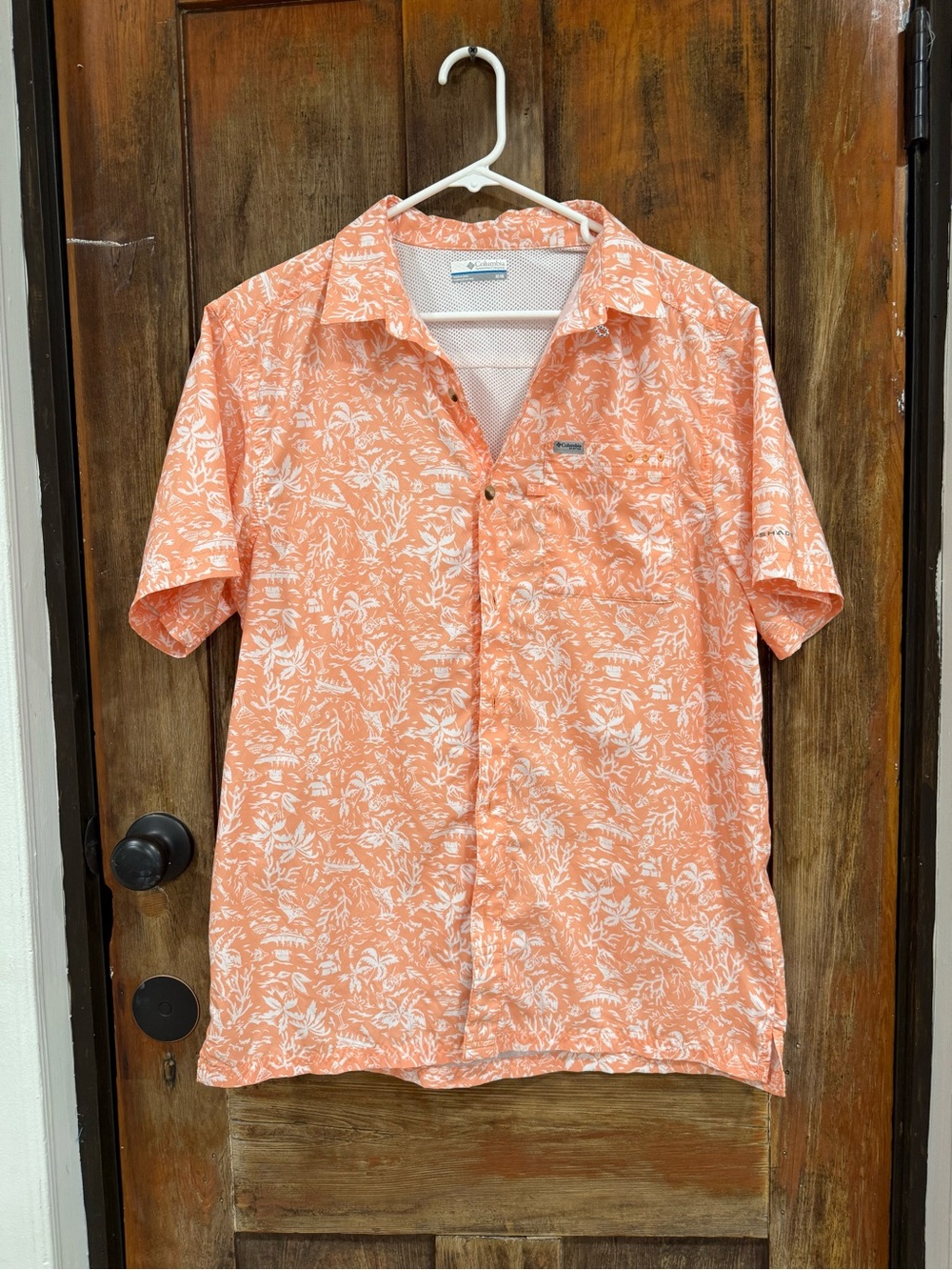 Columbia Men’s Short-Sleeve Peach Floral Button-Up Shirt